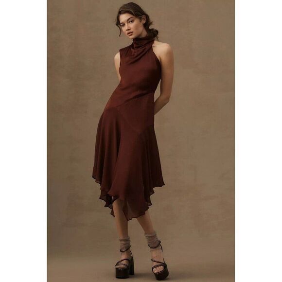NWT ANTHROPOLOGIE Sz 8 MOCK NECK ASYMMETRICAL DRAPED MIDI DRESS COCOA PLUM - Picture 3 of 3